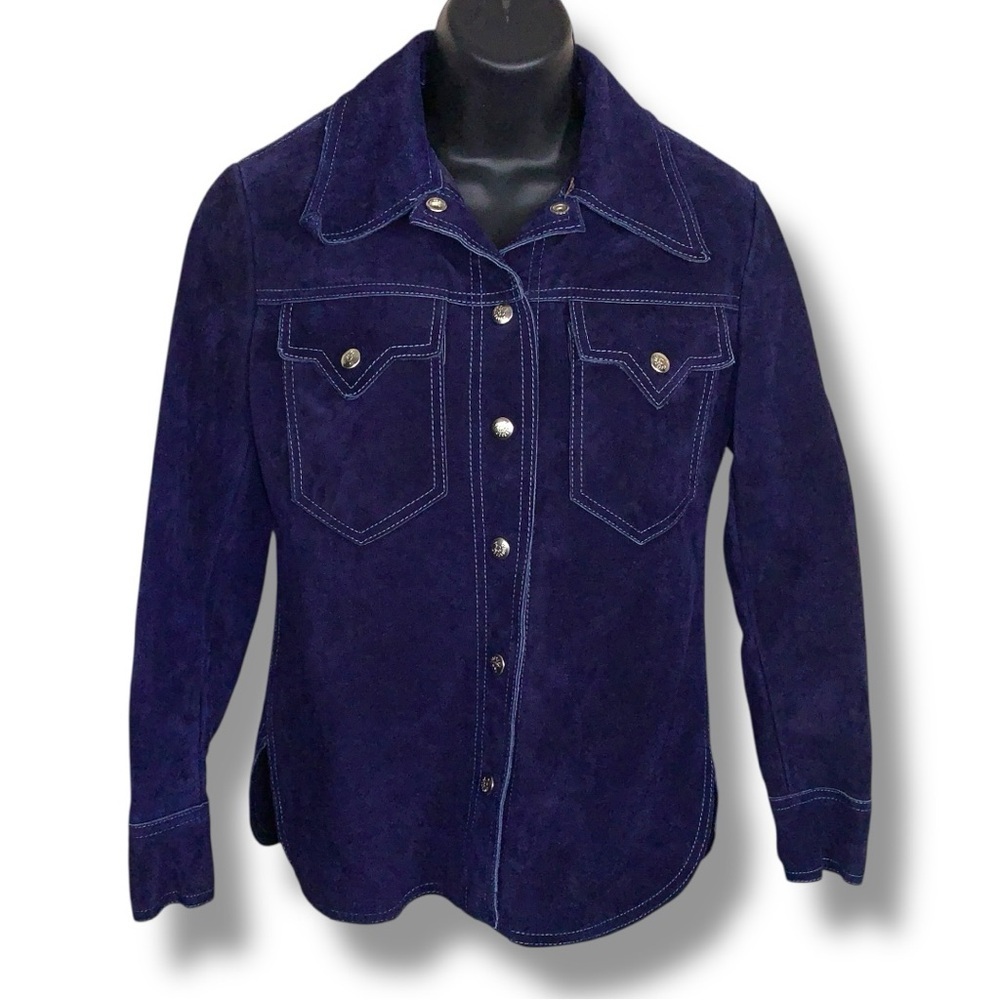 Vintage Small Woodstock Blue Suede Jacket 1970s Era Womens Leather Western Snaps